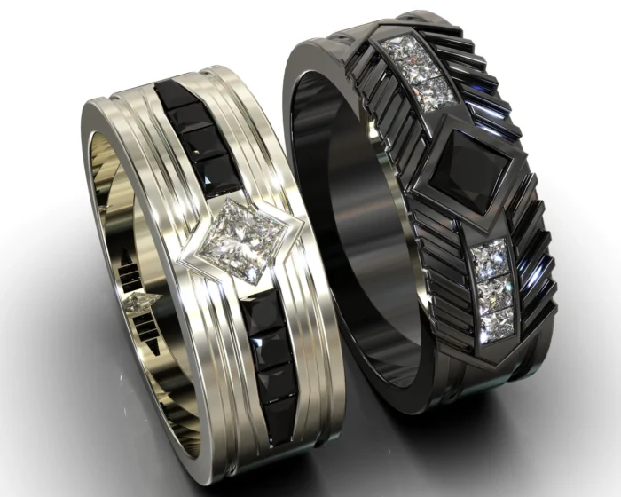 Two Tone Black and White Diamond His and His Matching Wedding Bands