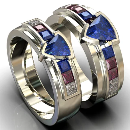 White Gold Sapphire Ruby Diamond His and His Matching Wedding Bands