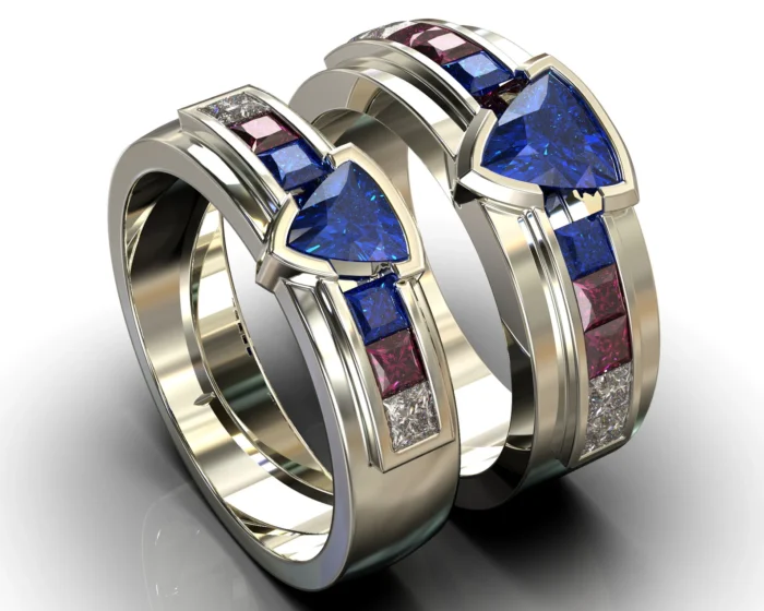 White Gold Sapphire Ruby Diamond His and His Matching Wedding Bands