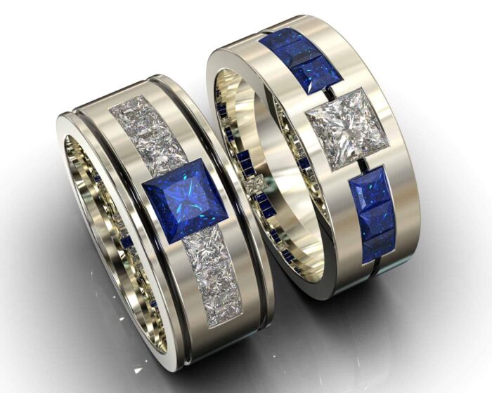 White Gold Sapphire Diamond His and His Matching Wedding Bands