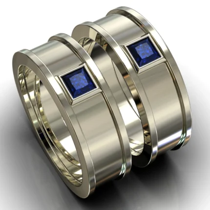 White Gold Blue Sapphire His and His Matching Wedding Bands