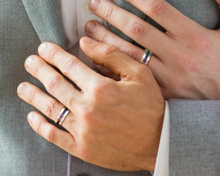 Two Tone Gold Rainbow Gemstone His And His Matching Wedding Bands - Image 3
