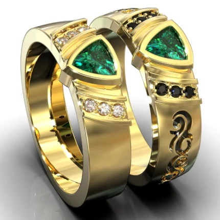 Tribal Gold Emerald Diamond Matching His and His Wedding Bands