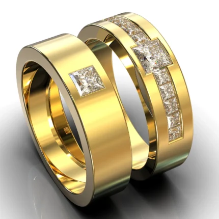 Unique Gold Princess Diamond His and His Matching Wedding Bands