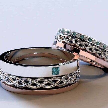 Two Tone Gold Matching Wedding Rings With Blue Diamonds – Celtic Design