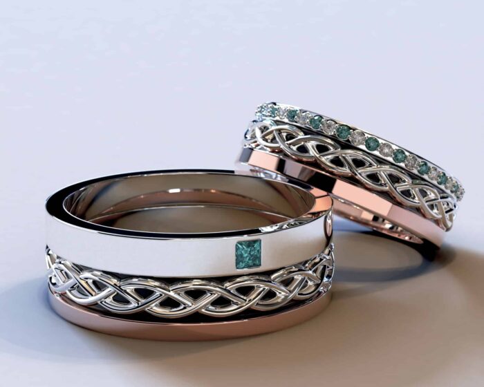 Two Tone Gold Matching Wedding Rings With Blue Diamonds – Celtic Design