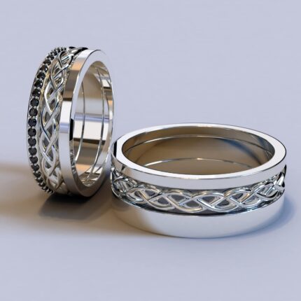 White Gold His and Her Black Diamond Wedding rings – Celtic Design