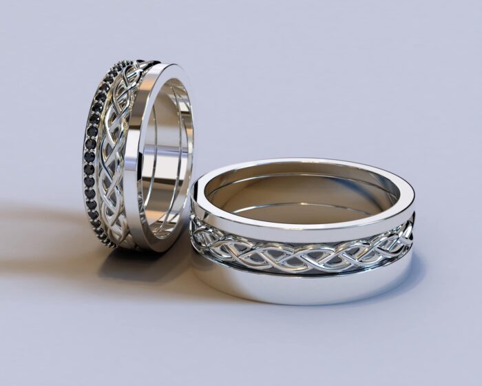 White Gold His and Her Black Diamond Wedding rings – Celtic Design