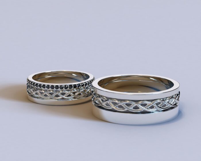 White Gold His and Her Black Diamond Wedding rings – Celtic Design - Image 2