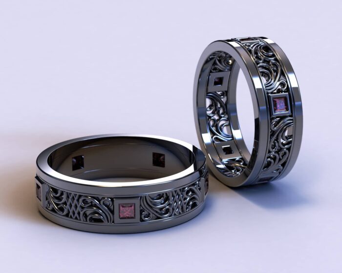 Black Gold Filigree Ruby Matching Wedding Bands – Princess Gem - Image 2