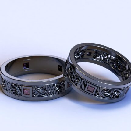 Black Gold Filigree Ruby Matching Wedding Bands – Princess Gem