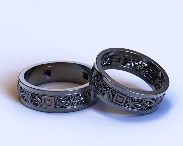 Black Gold Filigree Ruby Matching Wedding Bands – Princess Gem