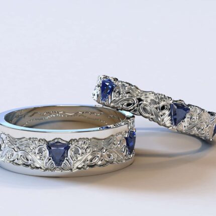 White Gold Sapphire His And Hers Matching Wedding Bands – Triangle Gem