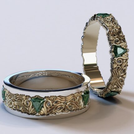 Two Tone Gold Emerald His and Hers Matching Wedding Bands – Triangle Gem