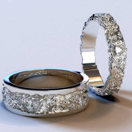 White Gold Diamond His and Hers Matching Wedding Bands – Triangle Gem