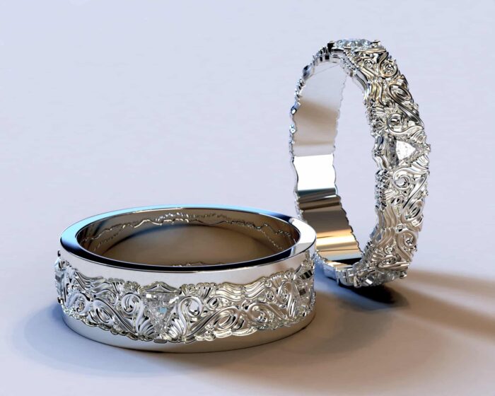 White Gold Diamond His and Hers Matching Wedding Bands – Triangle Gem