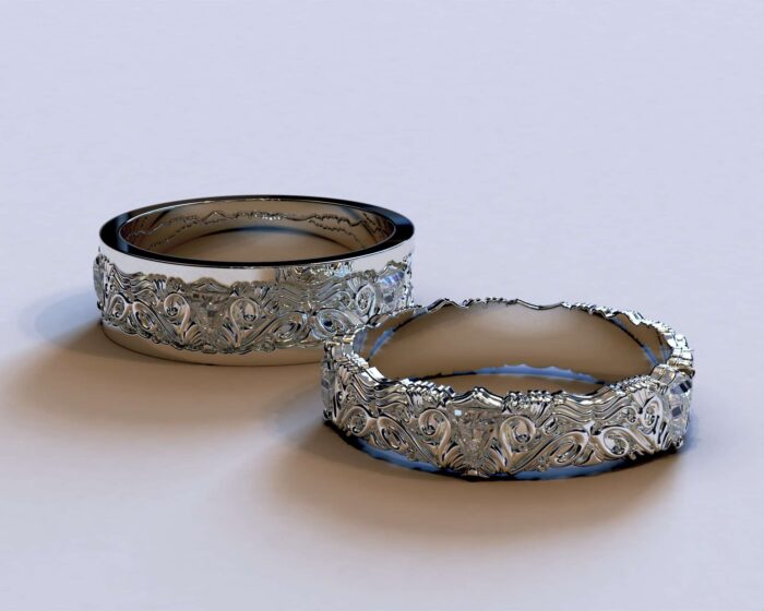 White Gold Diamond His and Hers Matching Wedding Bands – Triangle Gem - Image 2