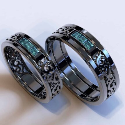 Black Gold Blue Diamond Matching Wedding Bands – Filigree Design