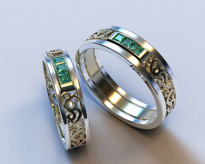 Two Tone Gold Square Emerald Matching Wedding Bands – Filigree Design - Image 2