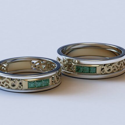 Two Tone Gold Square Emerald Matching Wedding Bands – Filigree Design