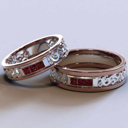 Two Tone Rose Gold Square Ruby Matching Wedding Bands – Filigree Design