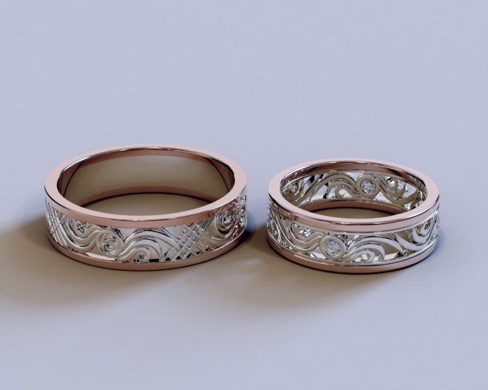 Rose Gold Two Tone Diamond His and Hers Matching Wedding Bands – Filigree Style - Image 2
