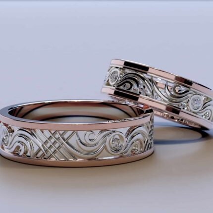 Rose Gold Two Tone Diamond His and Hers Matching Wedding Bands – Filigree Style