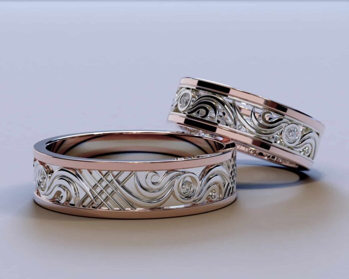 Rose Gold Two Tone Diamond His and Hers Matching Wedding Bands – Filigree Style
