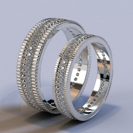 Textured White Gold Diamond Matching Wedding Bands – His and Hers Set