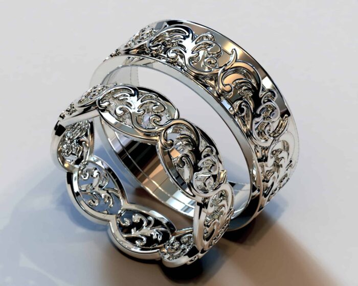 His and Hers White Gold Matching Wedding Bands – Flower Design