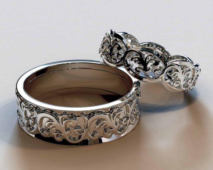 His and Hers White Gold Matching Wedding Bands – Flower Design - Image 2