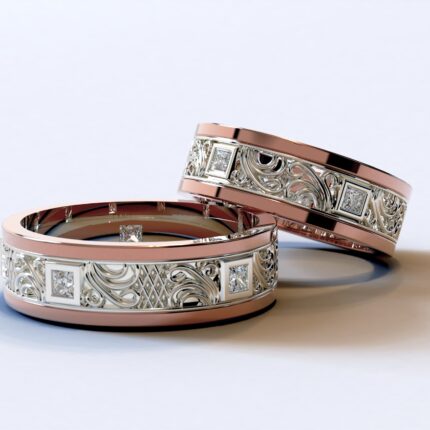Two Tone Rose Gold Diamond Matching Wedding Bands – Princess Gem