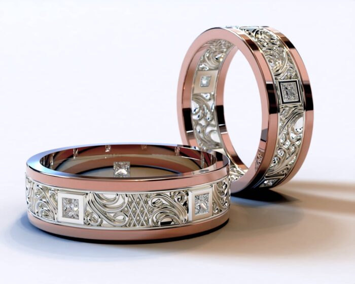 Two Tone Rose Gold Diamond Matching Wedding Bands – Princess Gem - Image 2
