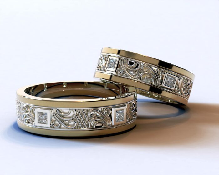 Two Tone Gold Diamond Matching Wedding Bands – Princess Gem - Image 2