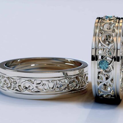 White Gold Blue Diamond Matching Wedding Bands – Unique Floral Rings