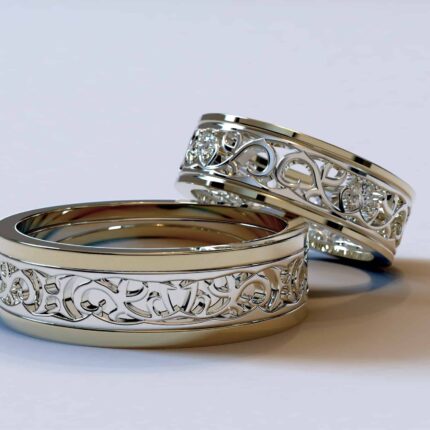 Two Tone Gold Diamond Matching Wedding Bands – Unique Floral Rings
