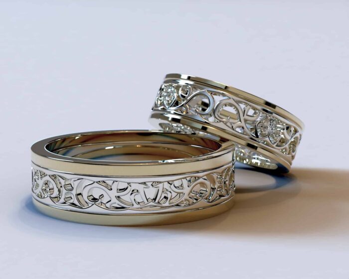 Two Tone Gold Diamond Matching Wedding Bands – Unique Floral Rings