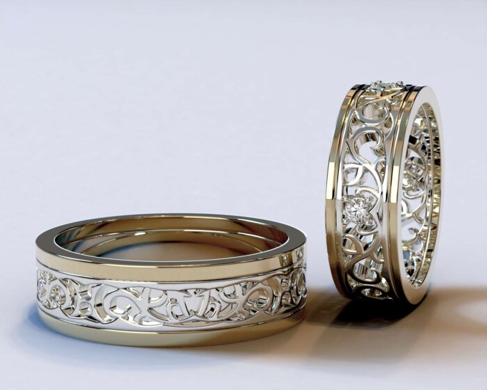 Two Tone Gold Diamond Matching Wedding Bands – Unique Floral Rings - Image 2