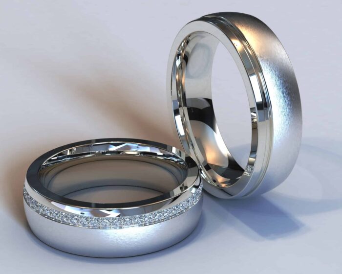 White Gold Diamond Matching Wedding Bands – Two Texture Ring - Image 2